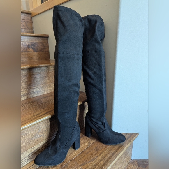 Streetwear Society Thigh High Faux Suede Block Heel Black Boots Size 8NWT. - Picture 12 of 14